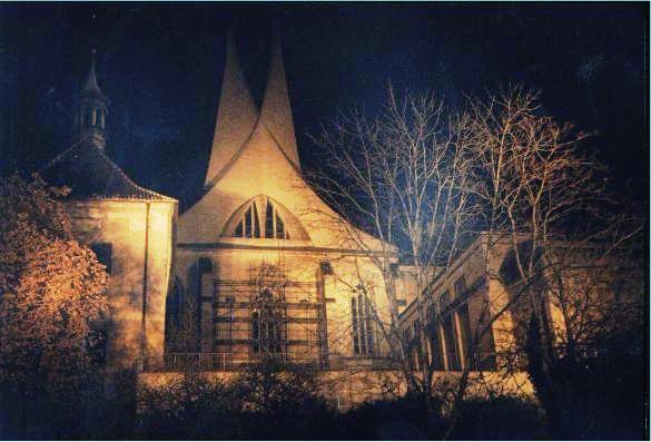 A modern church at night